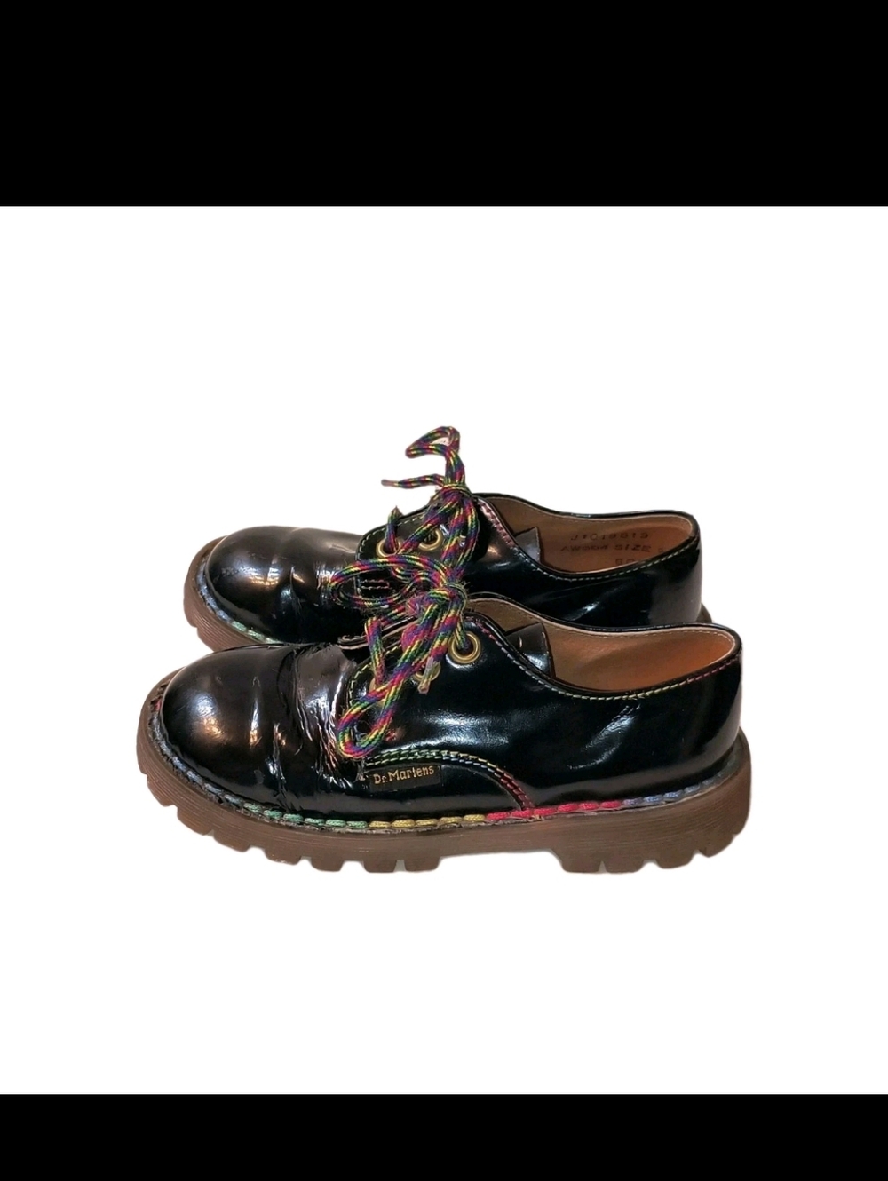 Rare Vtg Doc Martens Kids 9 Made in England Black Patent Leather Rainbow Stitch